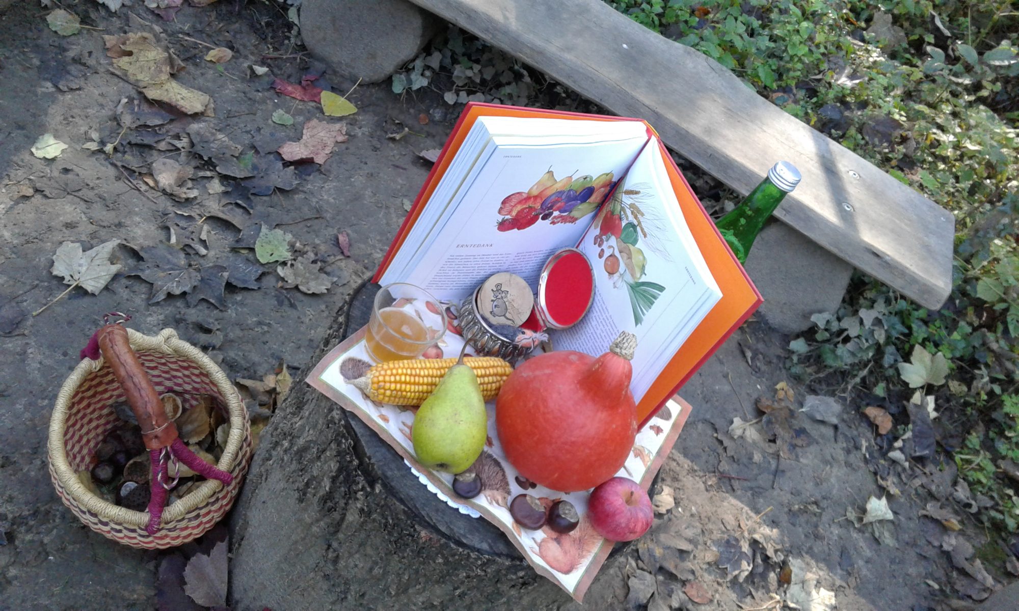 Herbsttisch auf einem Baumstumpf mit Kürbis, Maiskolben, Birne und Buch