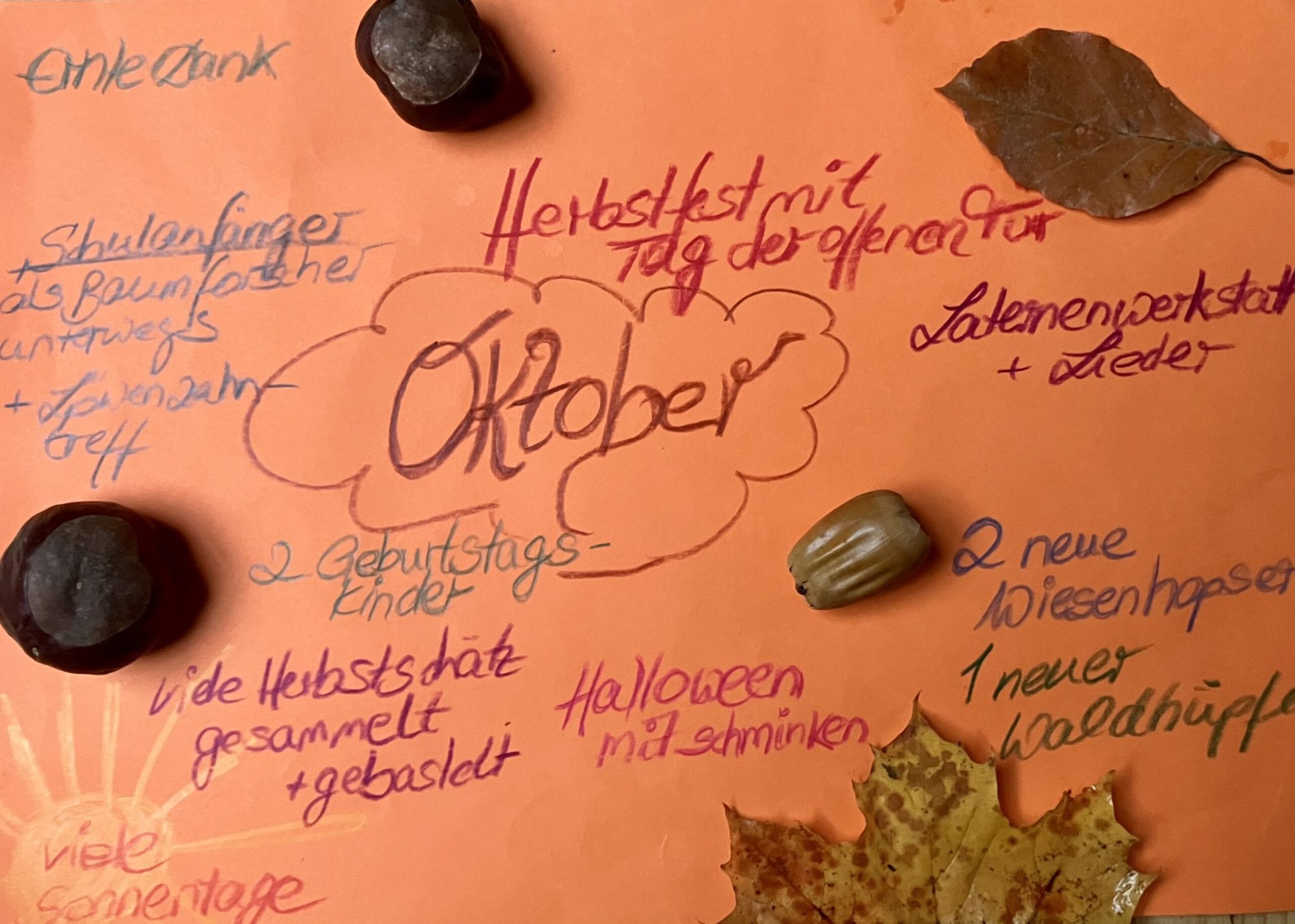 Orangefarbenes Plakat zum Oktober-Rückblick mit Kastanien, Eichel und Herbstblättern